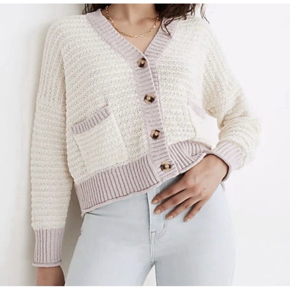 Madewell Womens Ivory Lavender Colorblock Ribbed Seabrook Cardigan Small